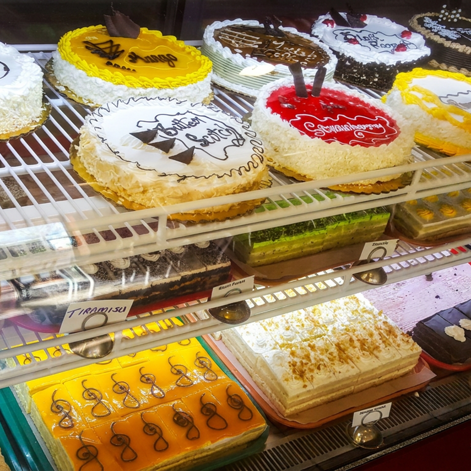 Refrigerated bakery display filled with decorated cakes, layered desserts, pastries, and labeled flavor trays.