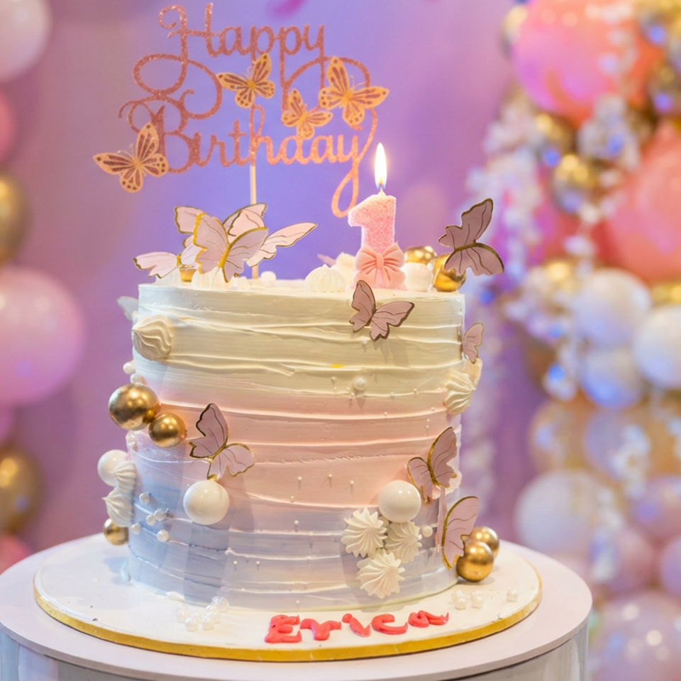 Pastel birthday cake decorated with butterflies, a lit number-one candle, and balloons in pink, purple, white, and gold.