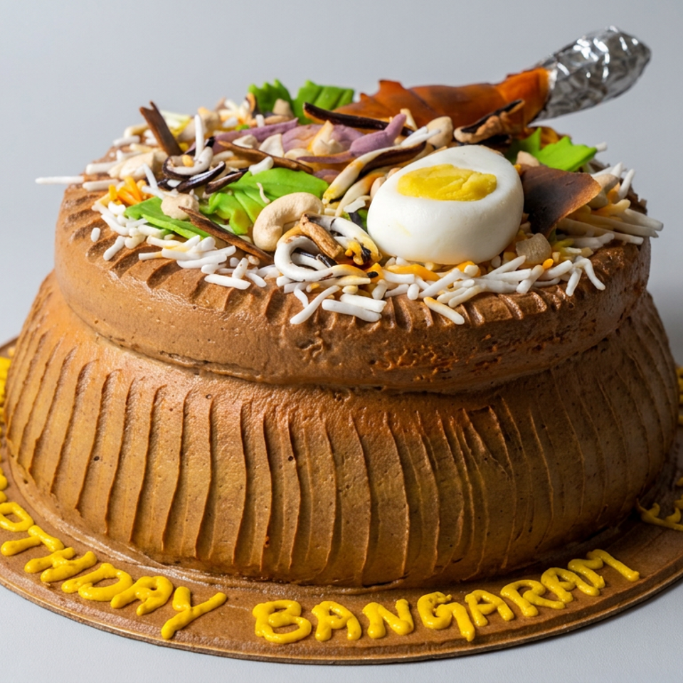 Savory food-themed birthday cake topped with rice, vegetables, mushrooms, a boiled egg, and a foil-wrapped drumstick.
