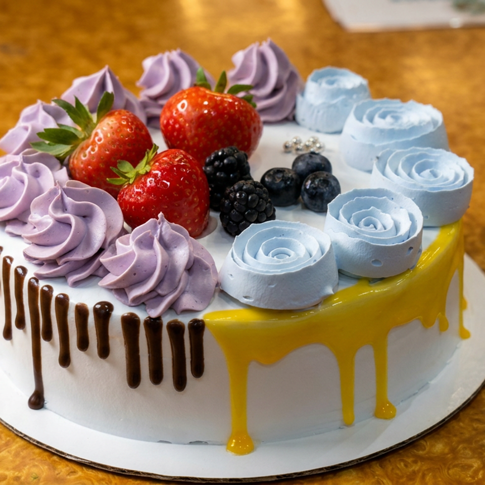 Decorated round cake with lavender and blue frosting roses, chocolate and yellow drips, strawberries, blackberries, and blueberries.