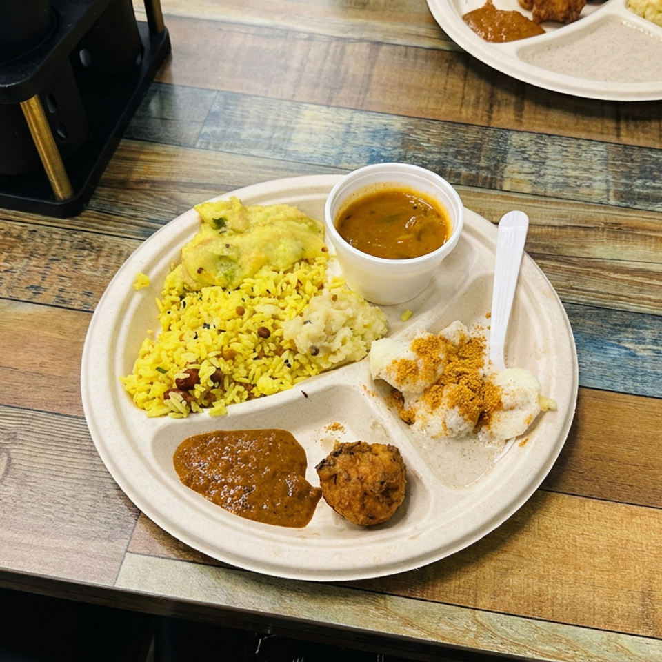 A disposable plate holds yellow rice, savory fritters, sauces, and white dumplings on a rustic wooden restaurant table.