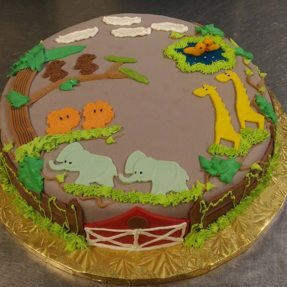 Decorated jungle-themed cake featuring elephants, giraffes, monkeys, trees, a pond, clouds, and a red barn gate.