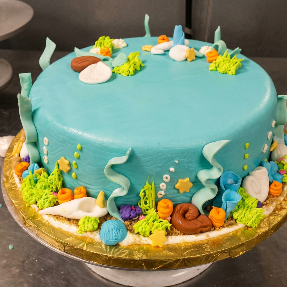 Turquoise fondant cake decorated with colorful sea-themed shells, coral, seaweed, and ocean creatures on a gold cake board.