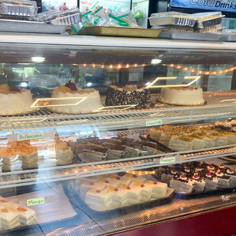 Refrigerated bakery display case filled with decorated cakes and labeled dessert slices, with a staff member behind the counter.