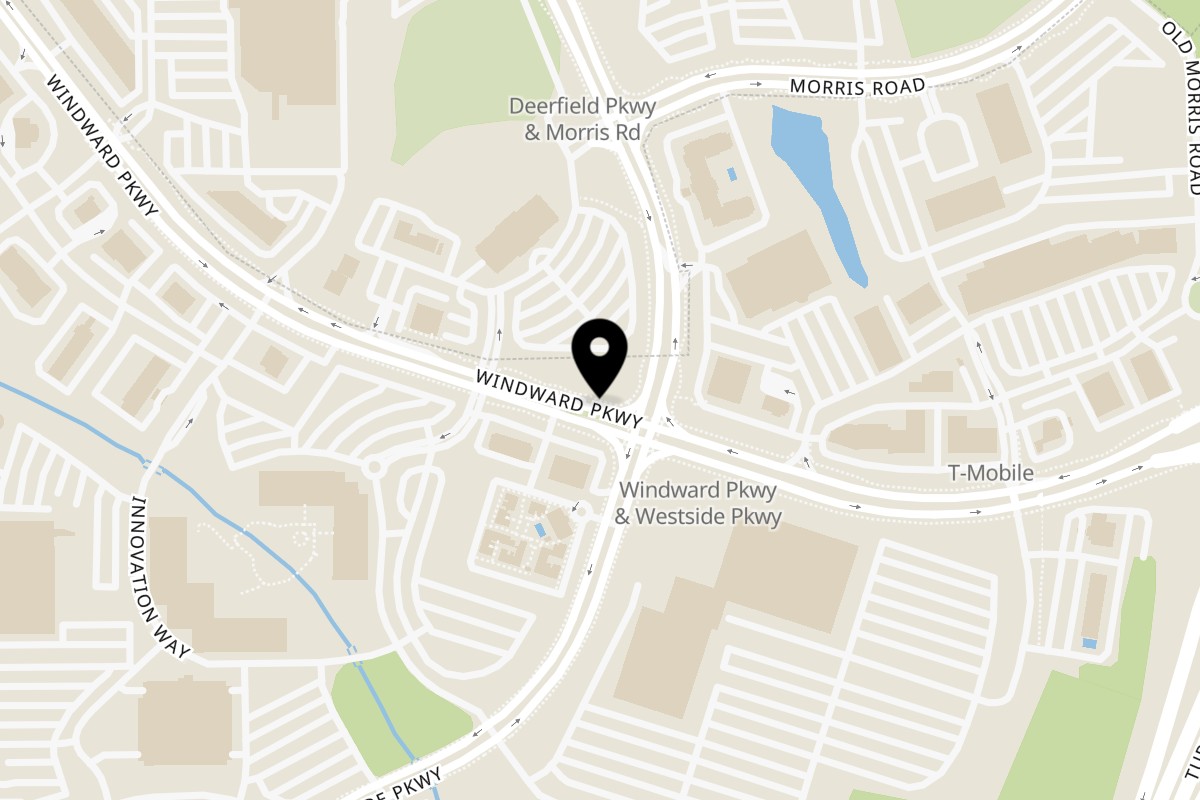 Map showing the location of HotBreads - Eatery & Bakery on 5530 Windward Pkwy W #1070 in Alpharetta